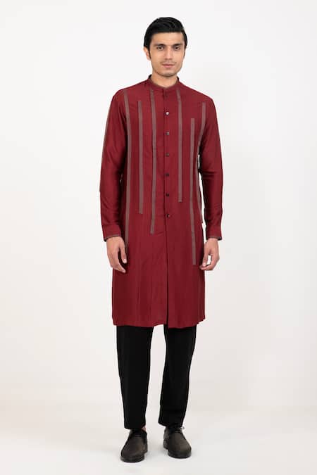 Shop Studio Error Red Cotton, Silk Patchwork Stripe Kurta Online at Aza Fashions Shop_Studio Error_Red Cotton, Silk Patchwork Stripe Kurta _Online_at_Aza_Fashions