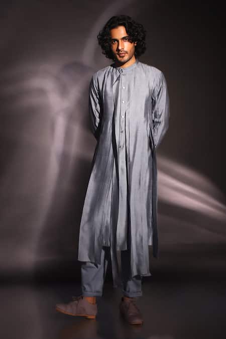 Shop Studio Error Grey Cotton, Silk Solid Layered Drape Kurta at Aza Fashions Shop_Studio Error_Grey Cotton, Silk Solid Layered Drape Kurta _at_Aza_Fashions