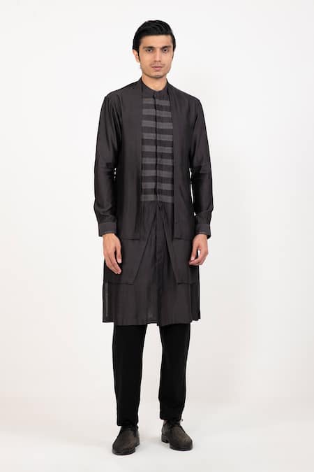 Studio Error Black Cotton, Silk Patchwork Long Layered Panel Kurta Online at Aza Fashions Studio Error_Black Cotton, Silk Patchwork Long Layered Panel Kurta _Online_at_Aza_Fashions