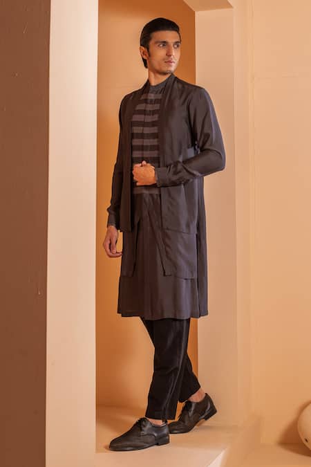 Shop Studio Error Black Cotton, Silk Patchwork Long Layered Panel Kurta Online at Aza Fashions Shop_Studio Error_Black Cotton, Silk Patchwork Long Layered Panel Kurta _Online_at_Aza_Fashions