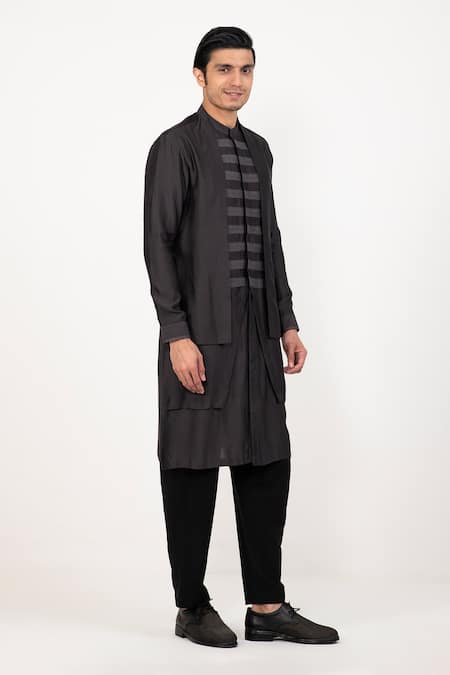 Studio Error Black Cotton, Silk Patchwork Long Layered Panel Kurta at Aza Fashions Studio Error_Black Cotton, Silk Patchwork Long Layered Panel Kurta _at_Aza_Fashions