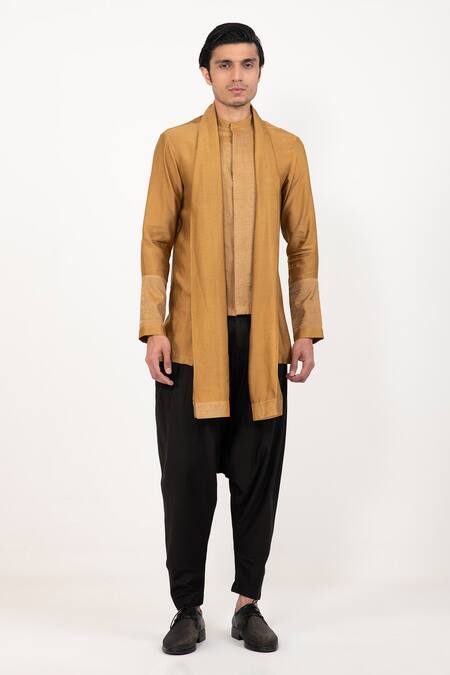 Shop_Studio Error_Yellow Cotton, Silk Zari Draped Short Kurta _Online_at_Aza_Fashions