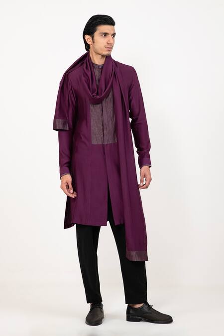 Studio Error Purple Cotton Satin Zari Draped Long Kurta Online at Aza Fashions Studio Error_Purple Cotton Satin Zari Draped Long Kurta _Online_at_Aza_Fashions