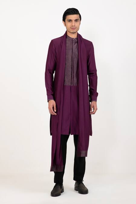Buy Studio Error Purple Cotton Satin Zari Draped Long Kurta Online at Aza Fashions Buy_Studio Error_Purple Cotton Satin Zari Draped Long Kurta _Online_at_Aza_Fashions