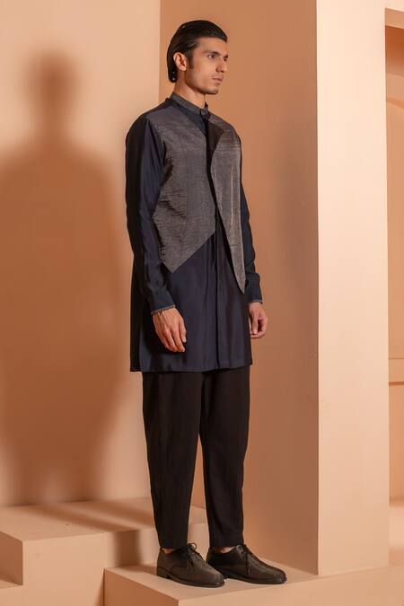 Studio Error Blue Cotton, Silk Zari Metallic Panel Kurta Online at Aza Fashions Studio Error_Blue Cotton, Silk Zari Metallic Panel Kurta _Online_at_Aza_Fashions
