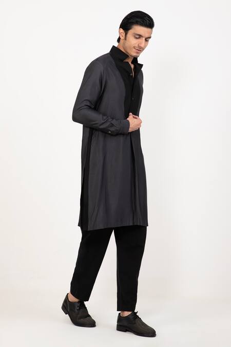 Studio Error Grey Cotton, Silk Colour Block Placket Kurta Online at Aza Fashions Studio Error_Grey Cotton, Silk Colour Block Placket Kurta _Online_at_Aza_Fashions