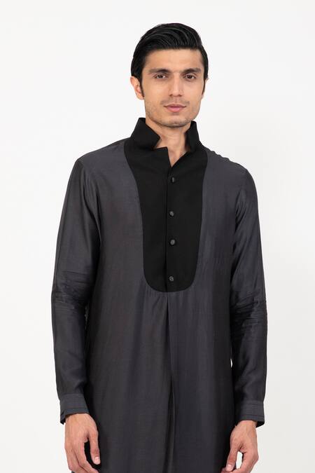 Shop Studio Error Grey Cotton, Silk Colour Block Placket Kurta Online at Aza Fashions Shop_Studio Error_Grey Cotton, Silk Colour Block Placket Kurta _Online_at_Aza_Fashions