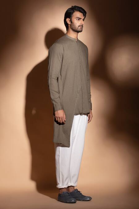 Studio Error_Brown Cotton Solid Asymmetric Panel Short Kurta _Online_at_Aza_Fashions
