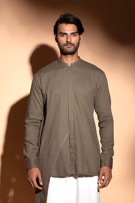 Shop_Studio Error_Brown Cotton Solid Asymmetric Panel Short Kurta _Online_at_Aza_Fashions