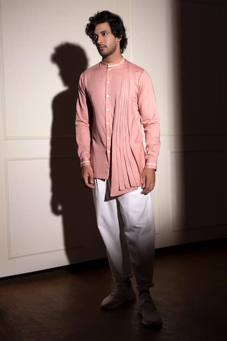 Studio Error_Pink Cotton Satin Side Pleated Drape Short Kurta _Online_at_Aza_Fashions