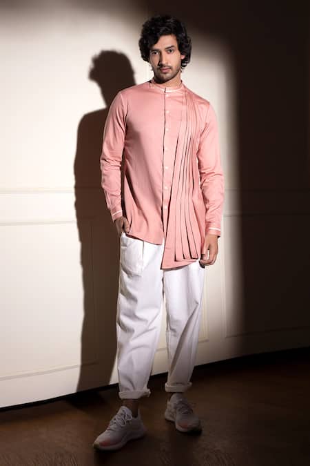 Shop_Studio Error_Pink Cotton Satin Side Pleated Drape Short Kurta _Online_at_Aza_Fashions