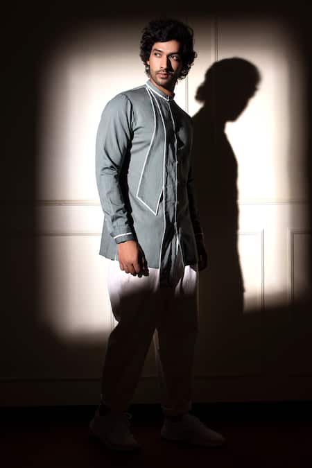 Buy_Studio Error_Blue Cotton Satin Solid Cut-out Panel Short Kurta _Online_at_Aza_Fashions