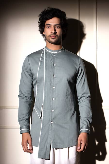Shop_Studio Error_Blue Cotton Satin Solid Cut-out Panel Short Kurta _Online_at_Aza_Fashions