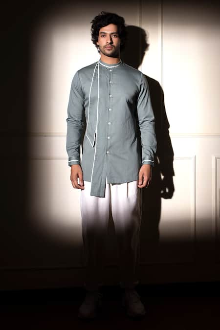 Studio Error_Blue Cotton Satin Solid Cut-out Panel Short Kurta _at_Aza_Fashions