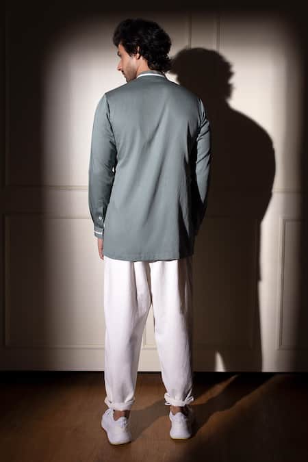 Shop Studio Error Blue Cotton Satin Cross Panel Shirt at Aza Fashions Shop_Studio Error_Blue Cotton Satin Cross Panel Shirt _at_Aza_Fashions