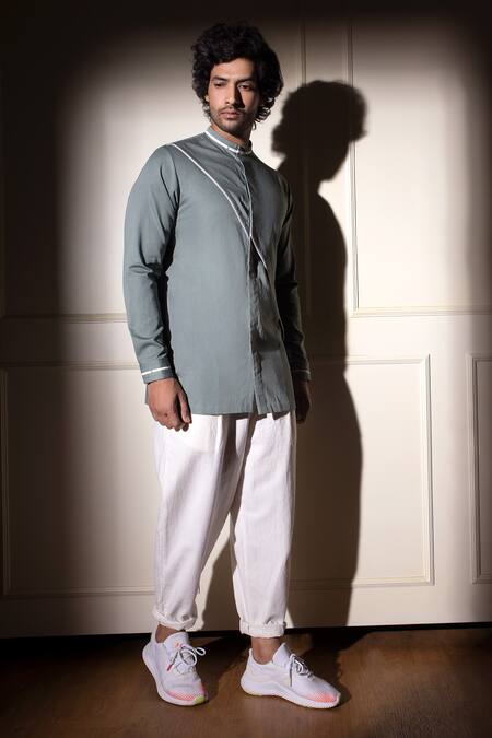 Studio Error Blue Cotton Satin Cross Panel Shirt Online at Aza Fashions Studio Error_Blue Cotton Satin Cross Panel Shirt _Online_at_Aza_Fashions