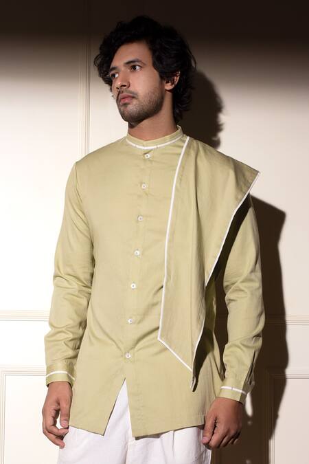 Studio Error_Green Cotton Satin Shoulder Panel Short Kurta _Online_at_Aza_Fashions