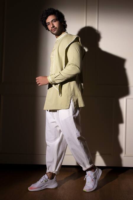 Buy_Studio Error_Green Cotton Satin Shoulder Panel Short Kurta _Online_at_Aza_Fashions