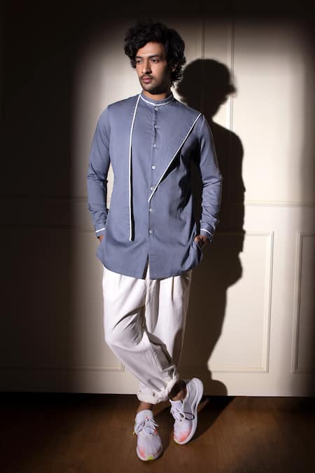 studio error Blue Cotton Satin Solid Layered Panel Short Kurta 