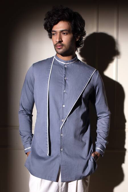 Studio Error_Blue Cotton Satin Solid Layered Panel Short Kurta _Online_at_Aza_Fashions
