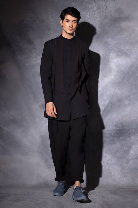 Buy_Studio Error_Black Cotton Embroidery Handwoven Bandhgala _Online_at_Aza_Fashions