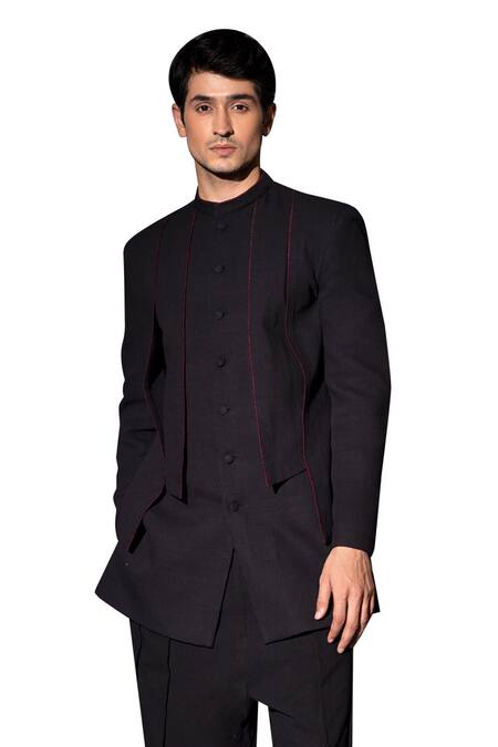 Shop_Studio Error_Black Cotton Embroidery Handwoven Bandhgala _Online_at_Aza_Fashions