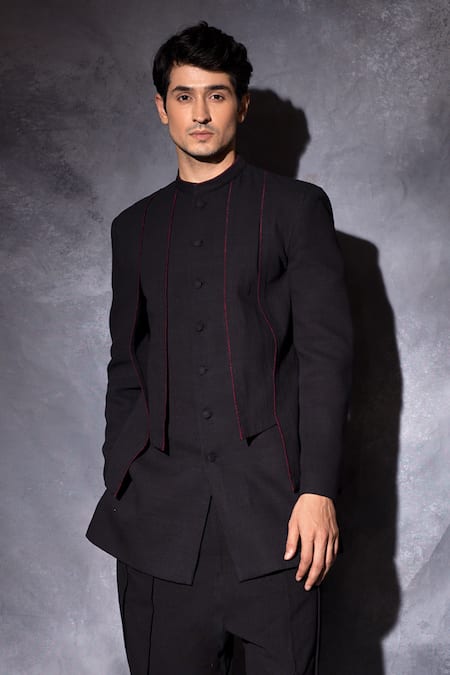 Studio Error_Black Cotton Embroidery Handwoven Bandhgala _at_Aza_Fashions