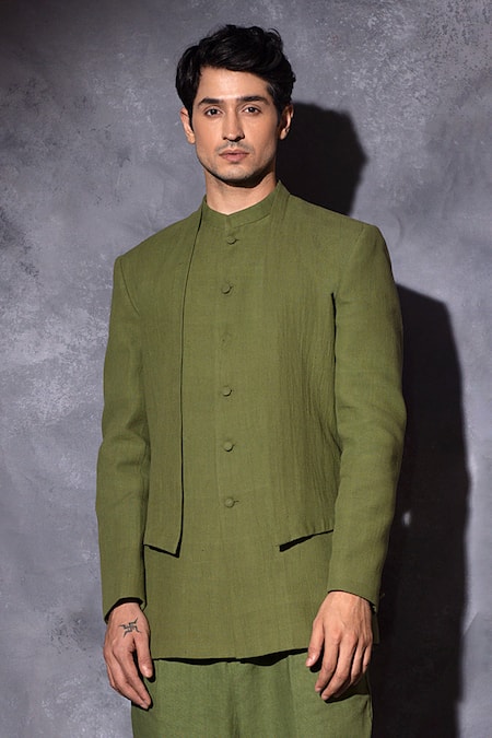 Buy_Studio Error_Green Cotton Embroidered Layered Bandhgala _Online_at_Aza_Fashions