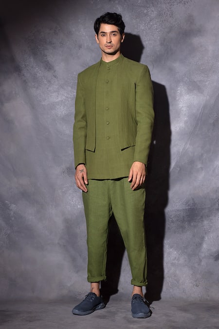 Shop_Studio Error_Green Cotton Embroidered Layered Bandhgala _Online_at_Aza_Fashions