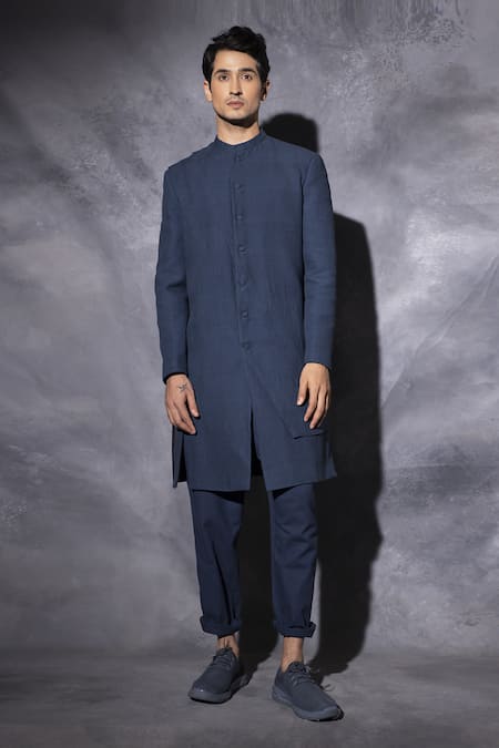 studio error Blue Handwoven Cotton Double Layered Sherwani 