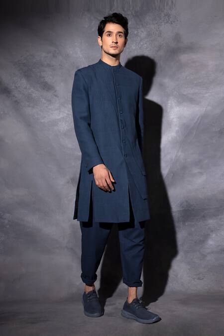 Studio Error_Blue Handloom Cotton Handwoven Double Layered Sherwani _Online_at_Aza_Fashions