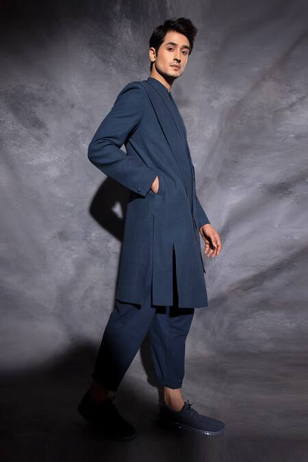 Buy_Studio Error_Blue Handloom Cotton Handwoven Double Layered Sherwani _Online_at_Aza_Fashions