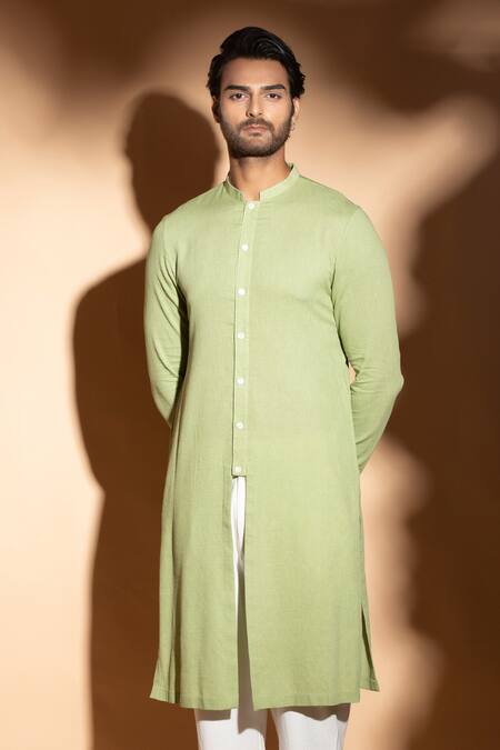 Shop_Studio Error_Green Cotton Solid Slit Kurta _Online_at_Aza_Fashions