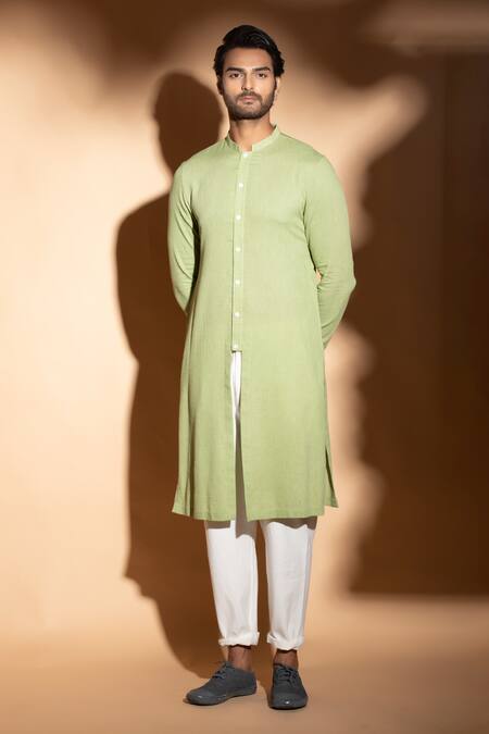 Studio Error_Green Cotton Solid Slit Kurta _at_Aza_Fashions