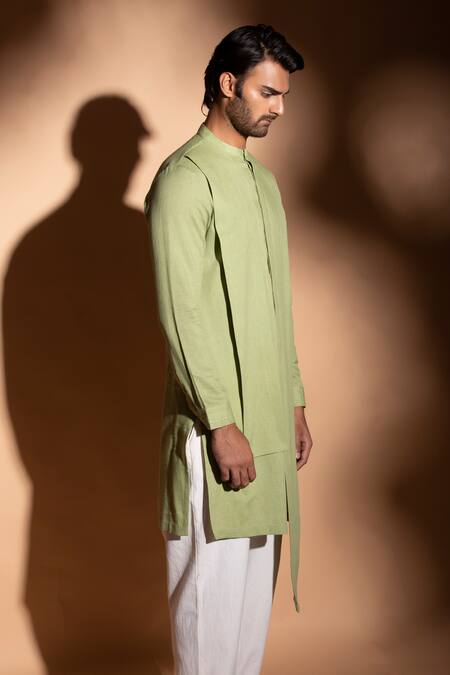 Buy_Studio Error_Green Cotton Embroidery Concealed Placket Hand Layered Kurta _Online_at_Aza_Fashions