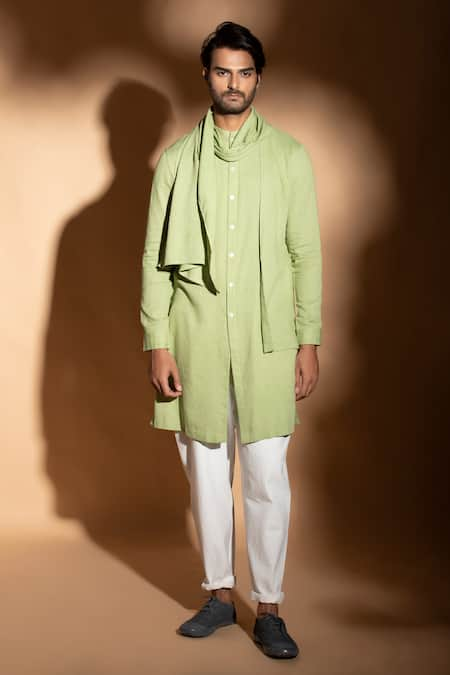 studio error Green Cotton Hand Embroidered Thread Cross Over Flap Layered Kurta 