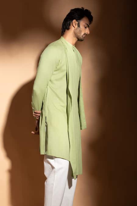 Studio Error_Green Cotton Embroidery Cross Over Flap Layered Hand Kurta _Online_at_Aza_Fashions