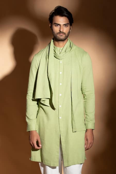 Buy_Studio Error_Green Cotton Embroidery Cross Over Flap Layered Hand Kurta _Online_at_Aza_Fashions