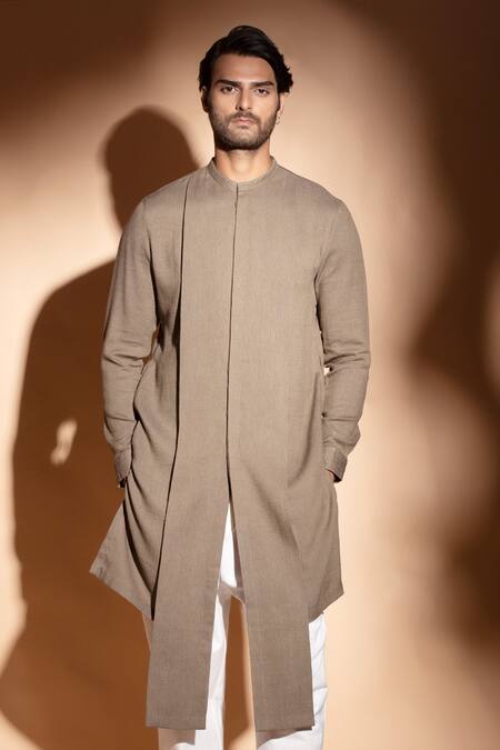 Buy_Studio Error_Brown Cotton Embroidery Layered Concealed Placket Hand Kurta _Online_at_Aza_Fashions