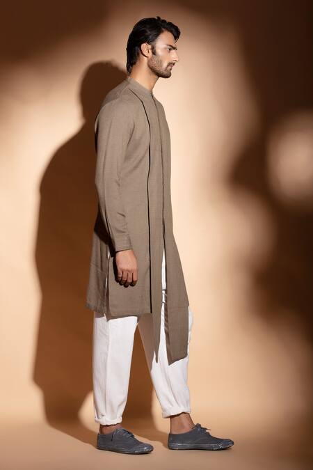 Shop_Studio Error_Brown Cotton Embroidery Layered Concealed Placket Hand Kurta _Online_at_Aza_Fashions