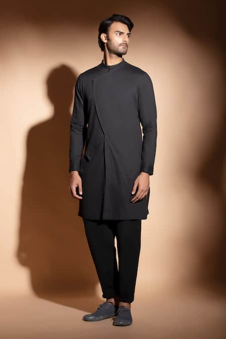 studio error Black Cotton Hand Embroidered Thread Flap Overlapping Kurta 