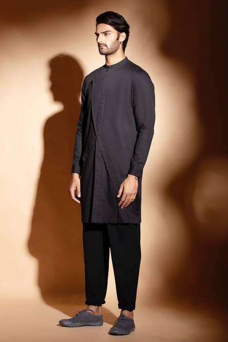 Studio Error_Black Cotton Embroidery Hand Flap Overlapping Kurta _Online_at_Aza_Fashions