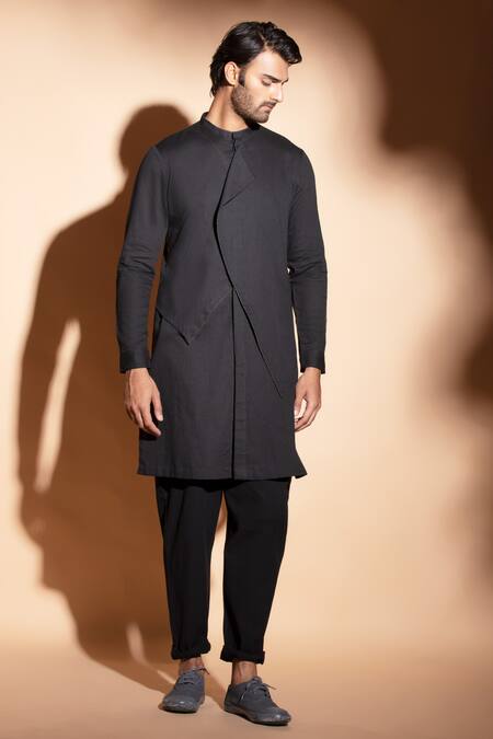 Buy_Studio Error_Black Cotton Embroidery Hand Flap Overlapping Kurta _Online_at_Aza_Fashions