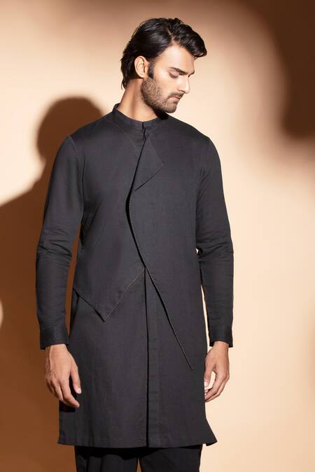 Shop_Studio Error_Black Cotton Embroidery Hand Flap Overlapping Kurta _Online_at_Aza_Fashions