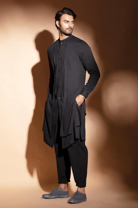 Studio Error_Black Cotton Embroidery Hand Double Layer Kurta _Online_at_Aza_Fashions