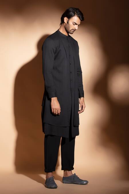 Buy_Studio Error_Black Cotton Embroidery Hand Double Layer Kurta _Online_at_Aza_Fashions