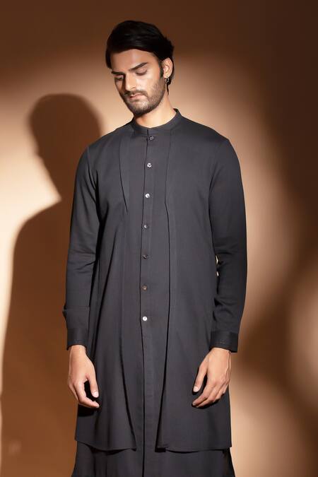 Shop_Studio Error_Black Cotton Embroidery Hand Double Layer Kurta _Online_at_Aza_Fashions