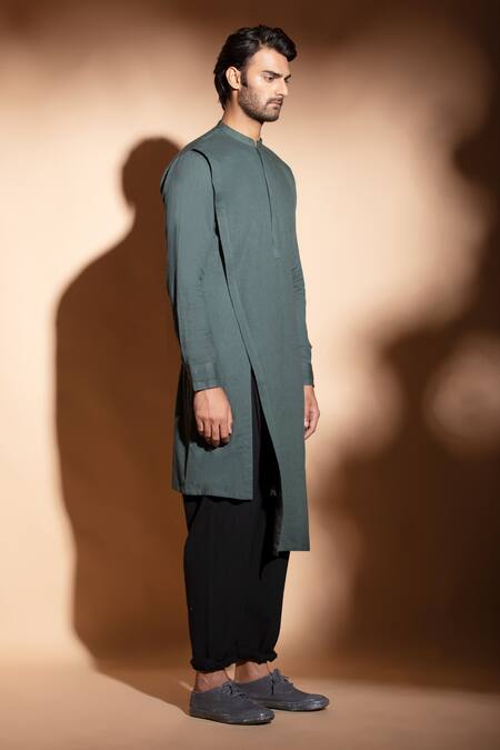 Studio Error_Blue Cotton Embroidery Hand Front Slit Kurta _Online_at_Aza_Fashions