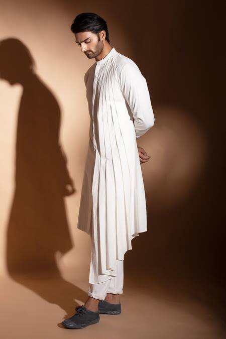 Studio Error_Off White Cotton Embroidery Hand Asymmetric Pleated Kurta _Online_at_Aza_Fashions