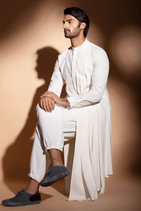 Buy_Studio Error_Off White Cotton Embroidery Hand Asymmetric Pleated Kurta _Online_at_Aza_Fashions